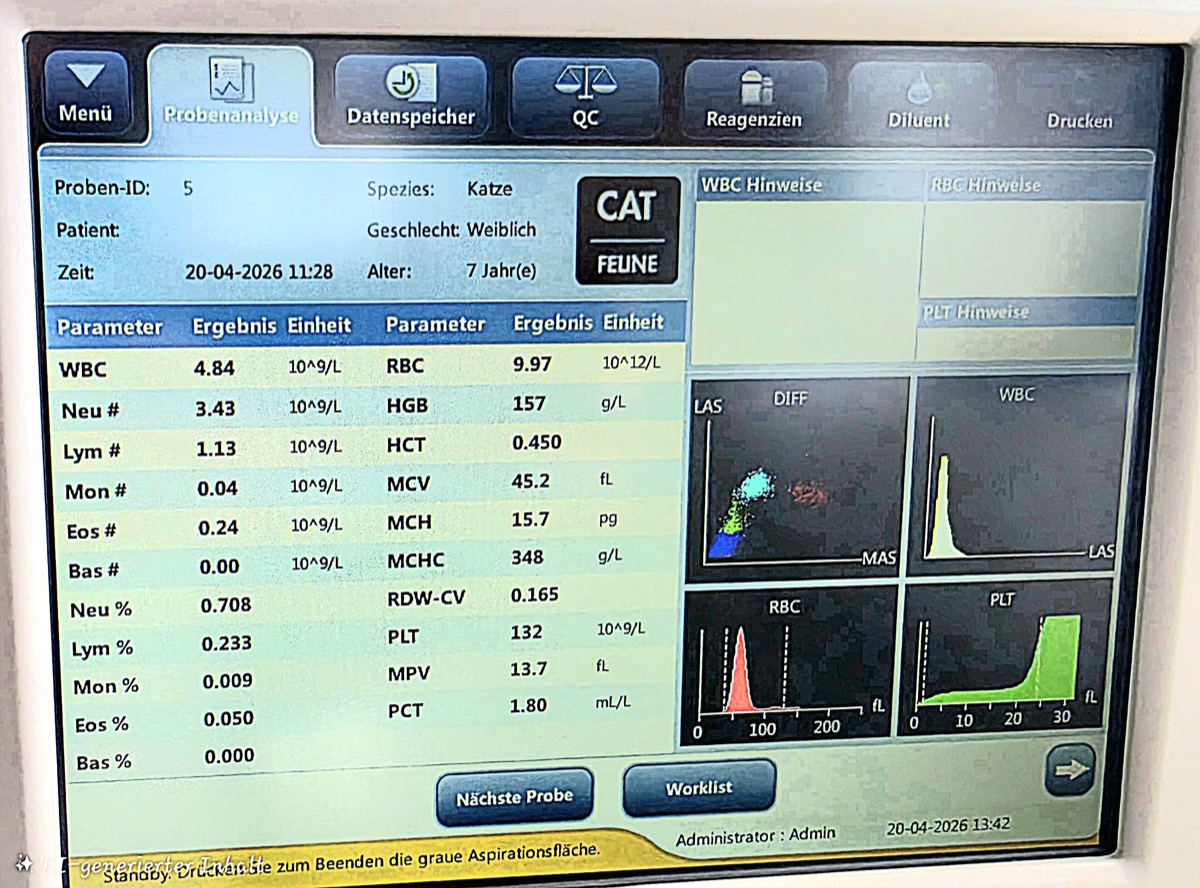 Bildschirmanzeige des Heska Element HT5 mit Blutbild-Ergebnissen einer Katze