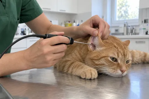 Videoendoskop im Ohr einer Katze
