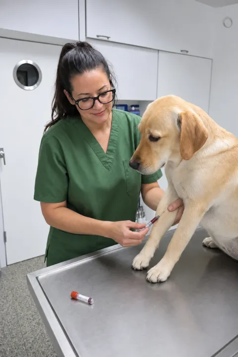 Dr. Cavalcanti nimmt einem Hund am Vorderbein Blut ab
