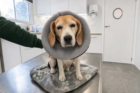 Hund mit Halskragen nach der Operation