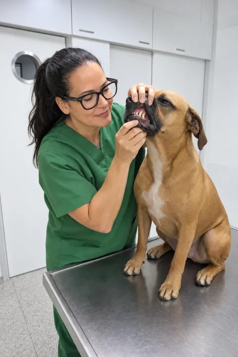 Dr. Cavalcanti hebt die Lefze eines Hundes und zeigt den Zahnstein