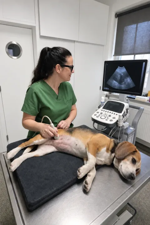 Dr. Cavalcanti beim Bauchultraschall eines liegenden Hundes