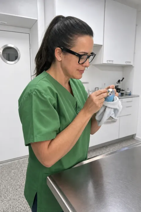 Dr. Cavalcanti hält einen blauen Wellensittich in einem Handtuch und untersucht ihn