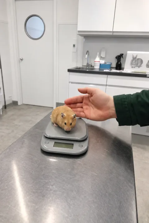 Ein Goldhamster sitzt auf einer kleinen Digitalwaage auf dem Behandlungstisch