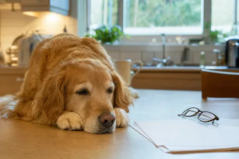 Golden Retriever liegt mit dem Kopf auf den Pfoten an einem Küchentisch, daneben eine Lesebrille und lose Blätter