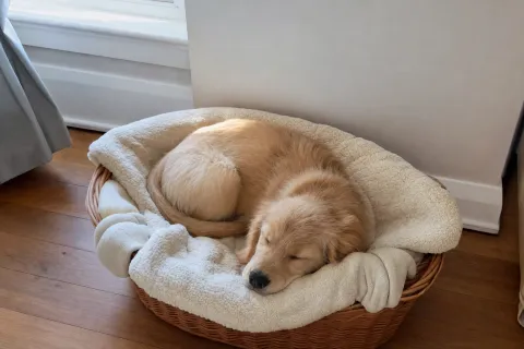 Golden-Retriever-Welpe schläft zusammengerollt in einem Korbkörbchen mit heller Decke